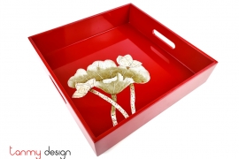 Red square lacquer tray hand-painted with lotus 32*H9 cm